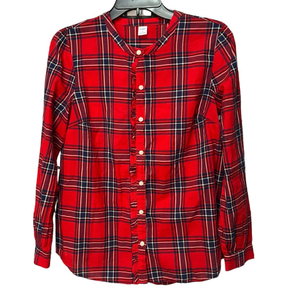 Old Navy 🆕 Plaid Button Down Collarless Ruffle Blouse NWOT Oversized Sz Sm/Med